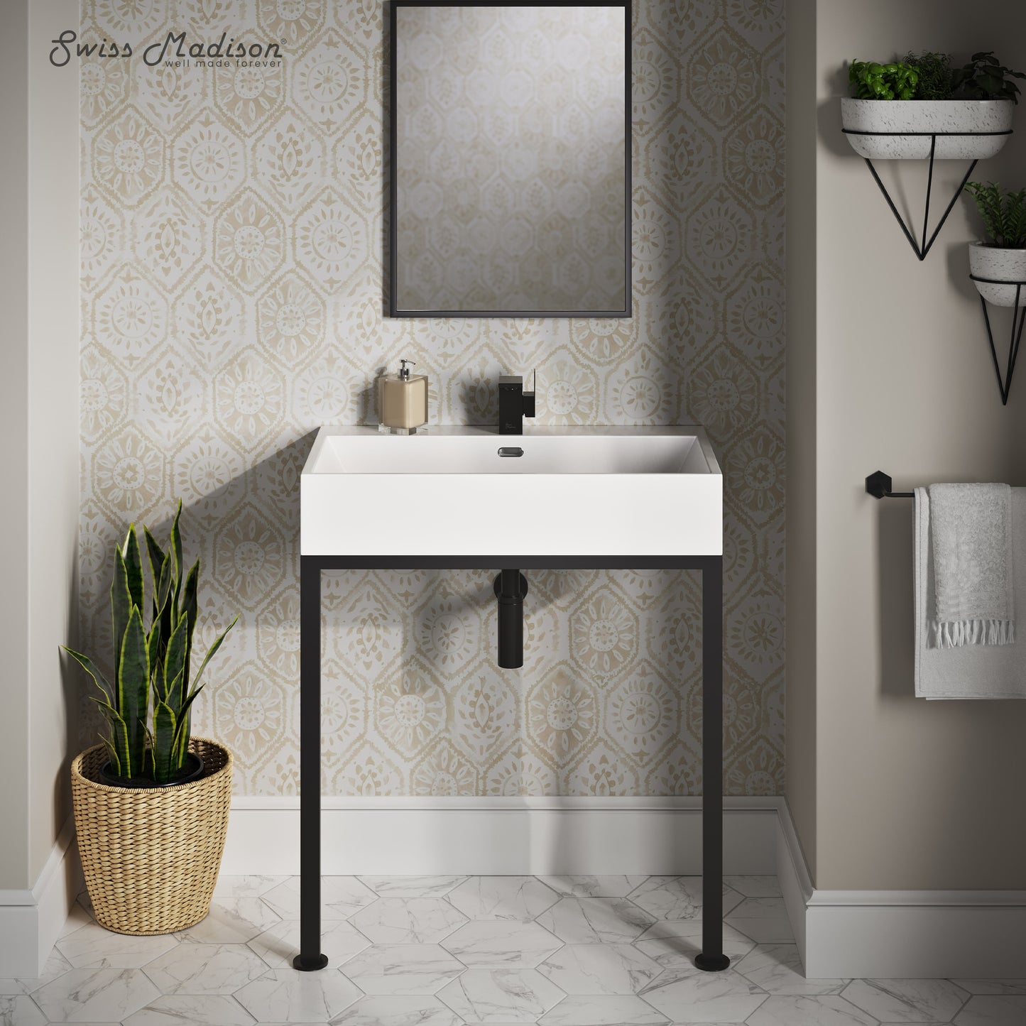 Swiss Madison Bastille Ceramic 29.5-in Wall-mount Modern Matte Black Console Sink with Base