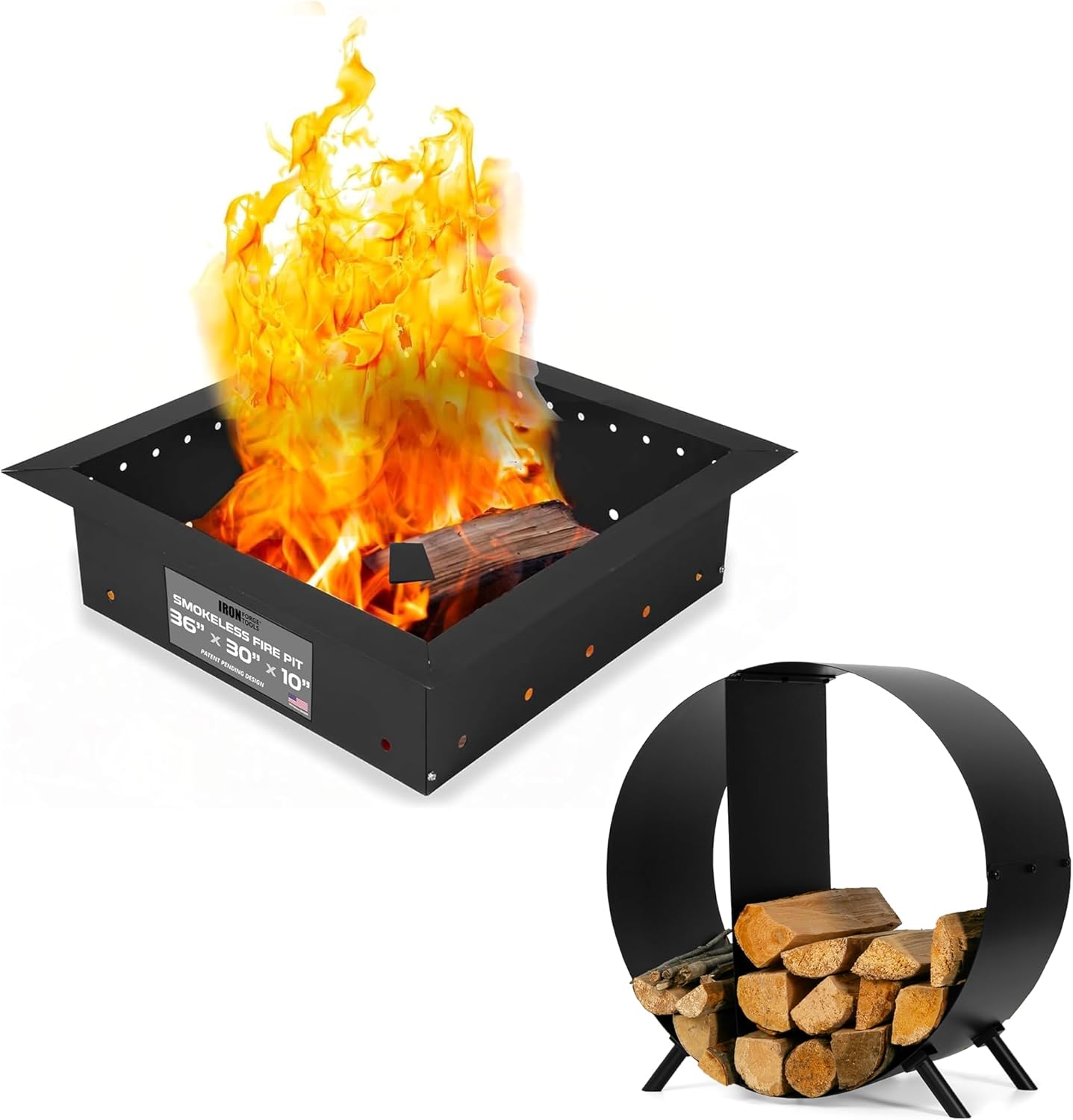 Iron Forge Tools 36" Square Fire Pit Ring & 24" Circular Firewood Rack w/Cover - Heavy Duty Metal Smokeless Fire Pit Insert & Log Holder for Outdoor/Indoor Use