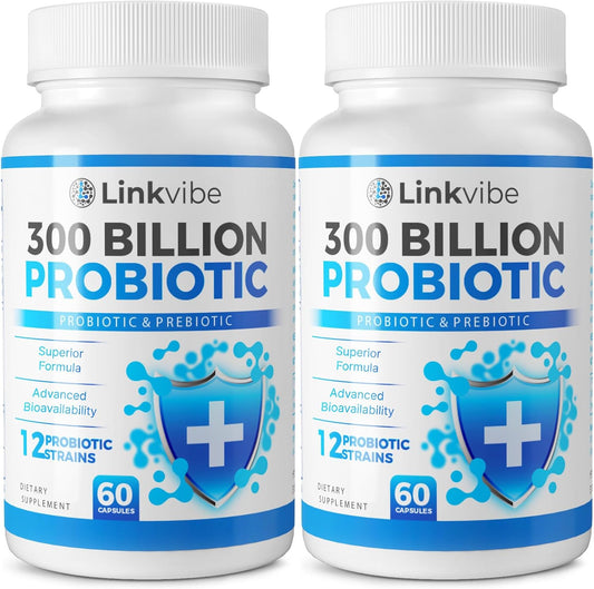 Linkvibe Probiotic 300 Billion CFU - 12 Strains with Organic Prebiotics for Digestive & Gut, Immune, Bloating Health - Probiotics for Women and Men - Daily Dairy Free, Shelf Stable - 120 Counts