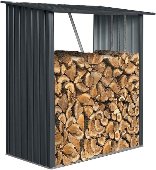 Metal Firewood Storage Shed, 5.3x2.5 FT Outdoor & Indoor Wood Rack with Sloped Roof, Heavy-Duty Galvanized Steel Open Log Holder for Firewood, Pellets & Lumber