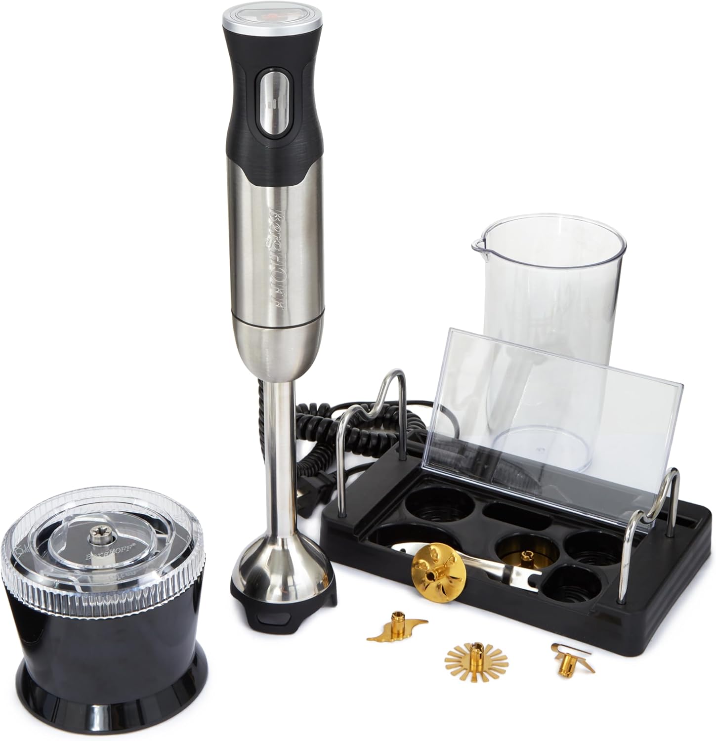 BergHOFF X5 Pro Handheld Food Processor with Grinder, Immersion Hand Blender with Attachments, 16 Speeds, Titanium Blades, for Smoothies, Baby Food, Soup