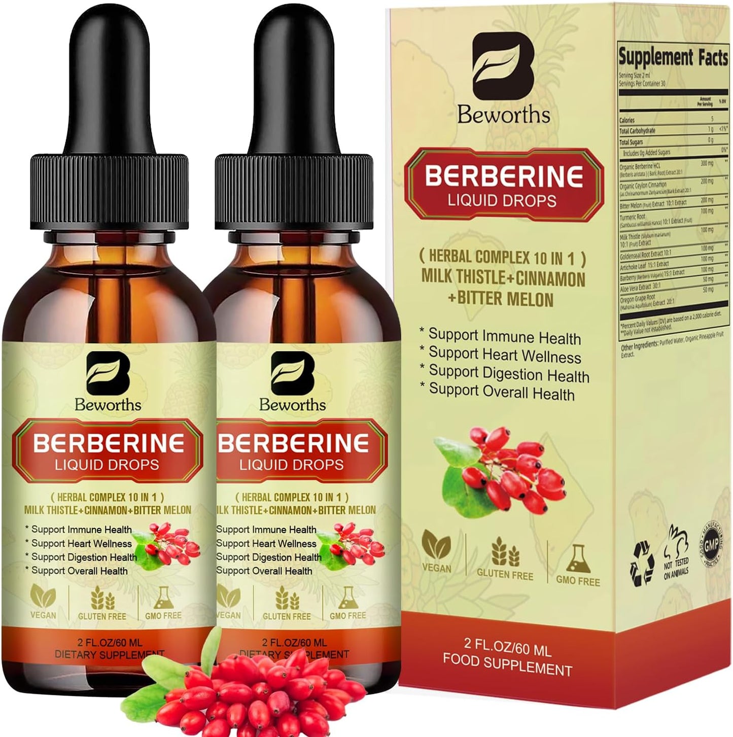 B BEWORTHS 2Pack Berberine Supplement - Berberine Liquid Drops with Ceylon Cinnamon, Turmeric, Bitter Melon, Milk Thistle, Berberine HCL Supplement Activates AMPK & GLP-1 for Digestion System Support