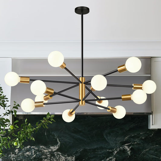33" Modern Chandelier Ceiling Light Fixture, 12-Light Sputnik Chandeliers Gold and Black Mid Century Chandelier Over Table, Height Adjustable Chandeliers for Dining Room Living Room Kitchen Island