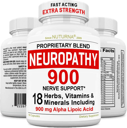 Neuropathy Support Nerve Supplement with 900 mg Pure Alpha Lipoic Acid - Maximum Strength Formula, Fortify Nerves in Fingers, Hands, Toes, & Feet - Best Peripheral Relief Support - 180 Capsules