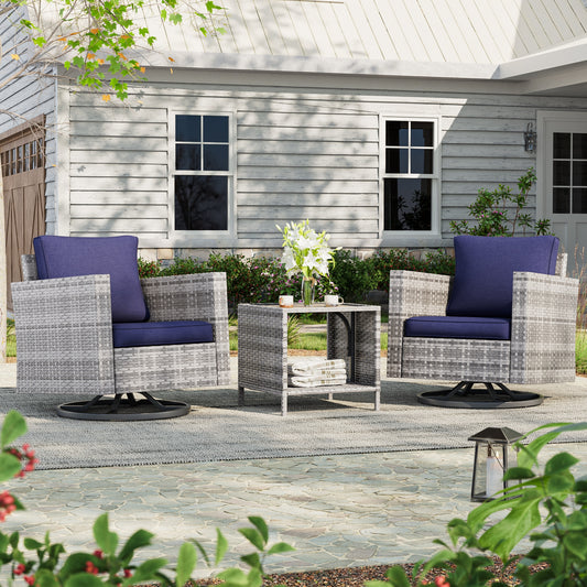 ACEGOSES Patio Swivel rocker chairs 3 -Piece Wicker Patio Conversation Set with Blue Cushions