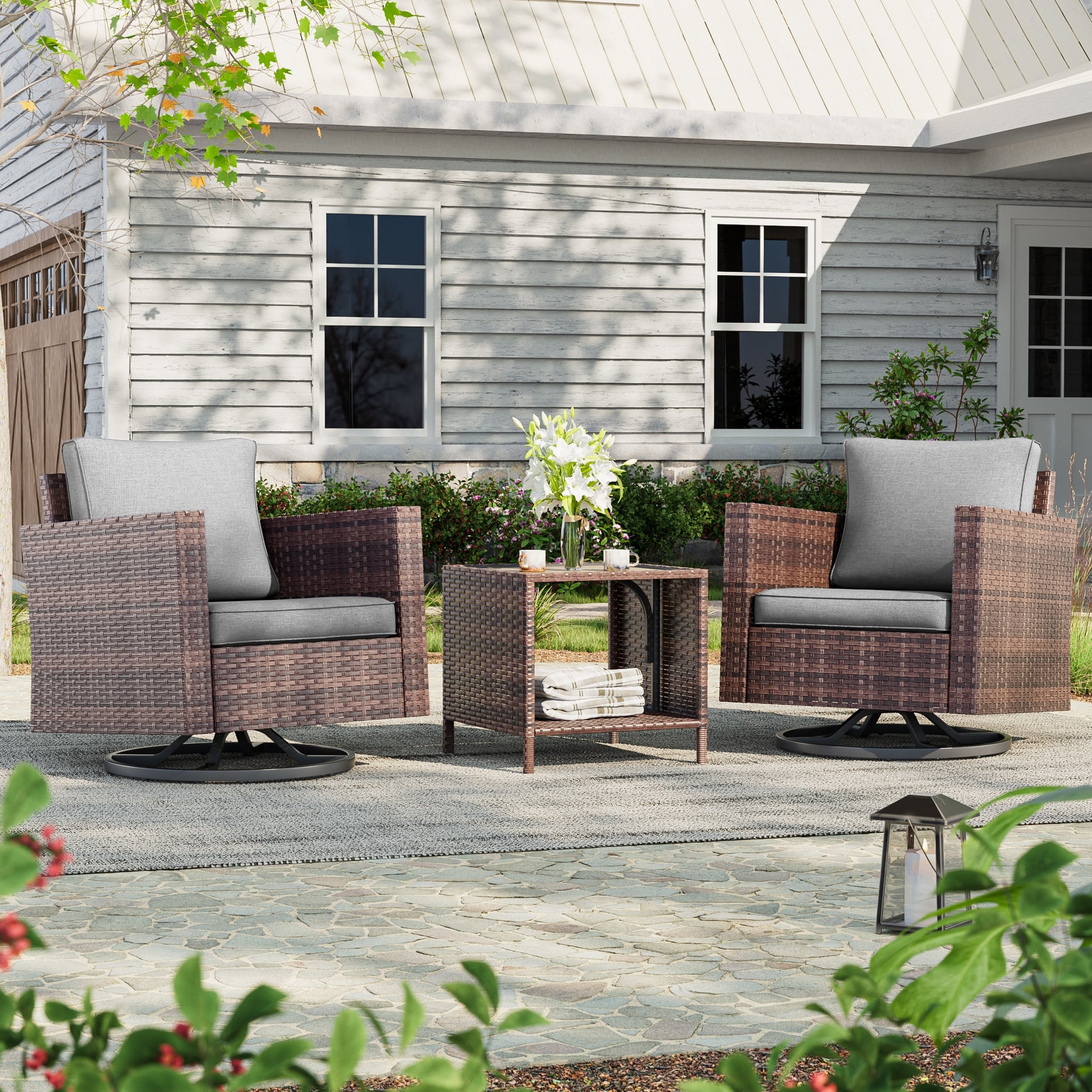 ACEGOSES Patio Swivel Rocking Chairs 3 -Piece Wicker Patio Conversation Set with Gray Cushions