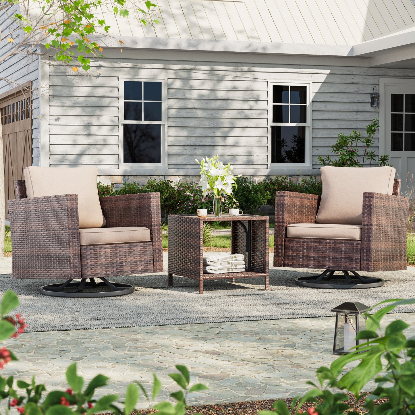 ACEGOSES Patio Swivel Rocking Chairs 3 -Piece Wicker Patio Conversation Set with Tan Cushions