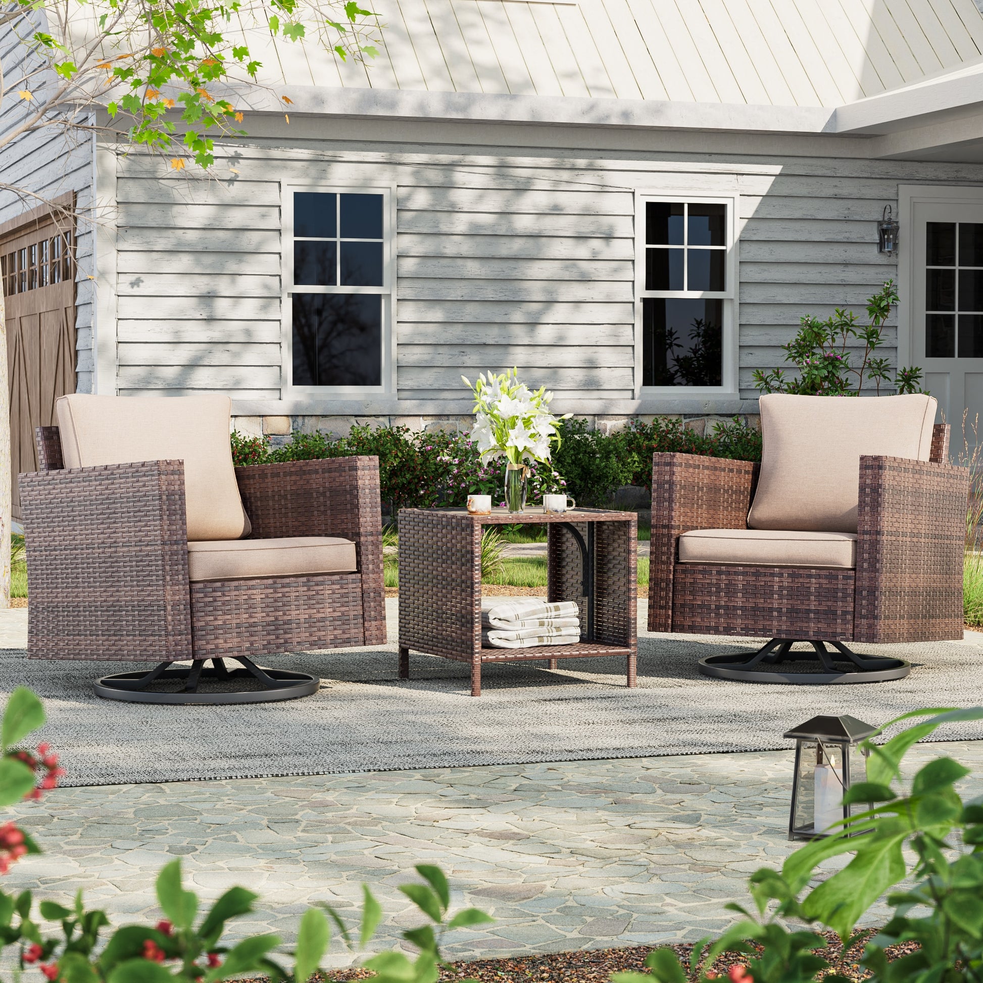 ACEGOSES Patio Swivel Rocking Chairs 3 -Piece Wicker Patio Conversation Set with Tan Cushions