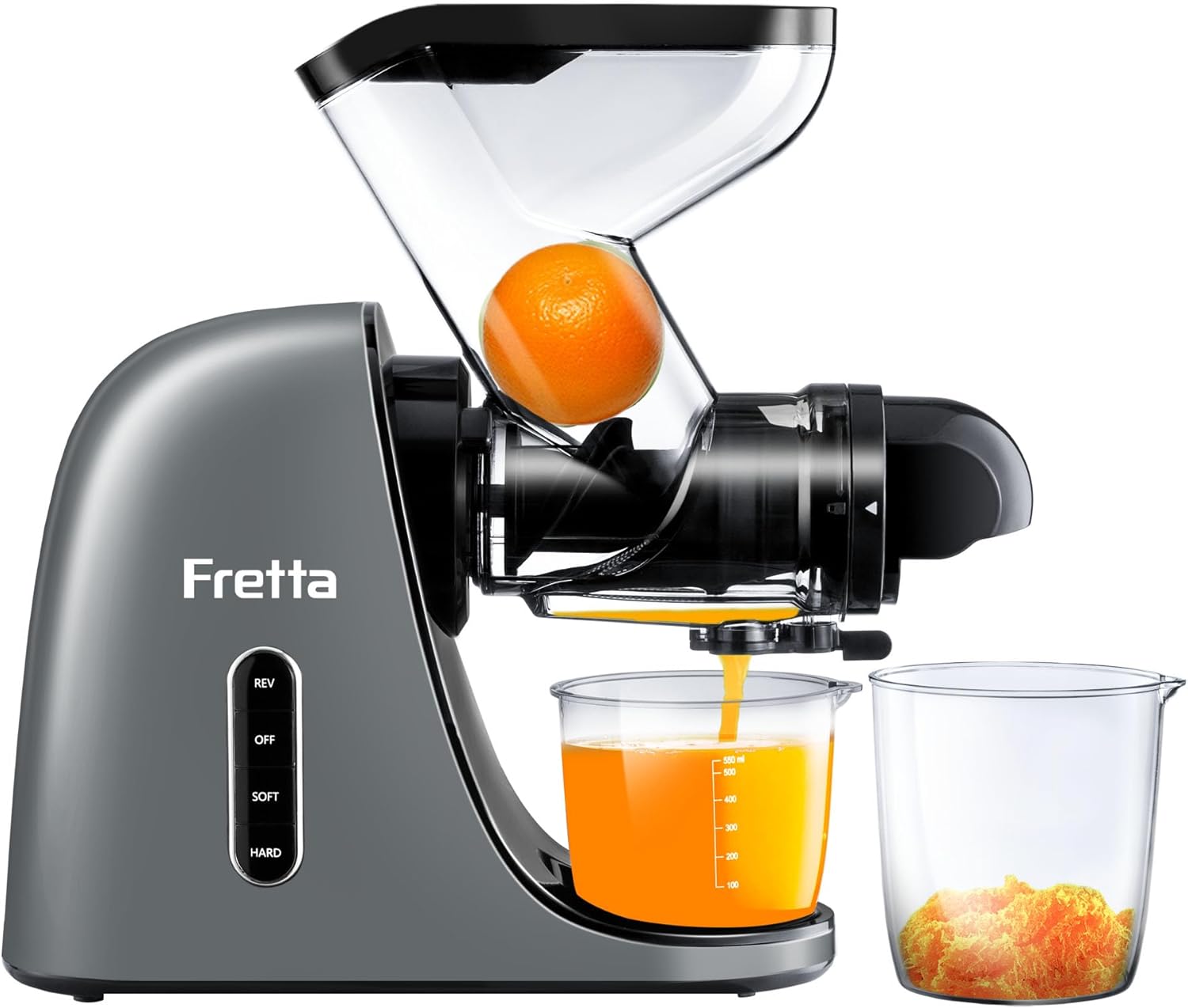 Fretta Cold Press Juicer,Juicer Machines Vegetable and Fruit with 3'' Feeding Chute, Masticating Slow Juicer Extractor, Easy to Clean,2 Speed, BPA-Free, 200W (Cool Grey)