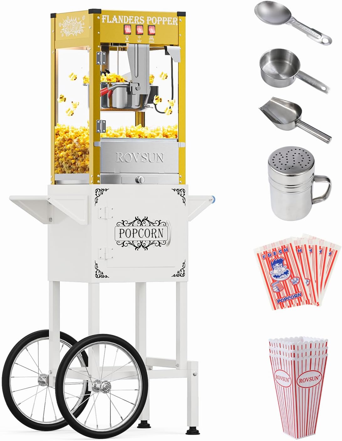 ROVSUN Popcorn Machine with Cart, Wheels & 8 Ounce Kettle Makes Up to 32 Cups, Popcorn Maker with Popcorn Scoop, Oil Spoon & 3 Popcorn Cups Movie Theater Style for Commercial Home, ETL Certified