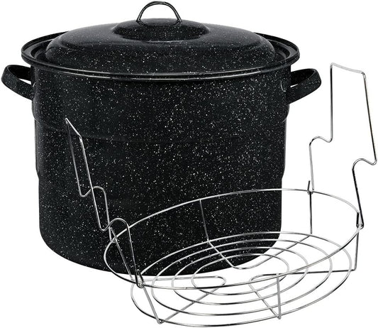 Granite Ware Canning Pot with Rack & Lid - 21 Quart Large Boiling Water Canning Set for Jar Sterilization & Pickling on Stove\/Open Flame \u2013 Scratch-Resistant Porcelain Enamel & Steel Core (Black)