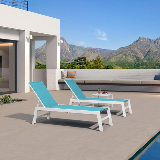 PURPLE LEAF White Frame Chaise Lounge Set of 2 Steel Blue Metal Frame Stationary Chaise Lounge Chair with Blue Solid Seat