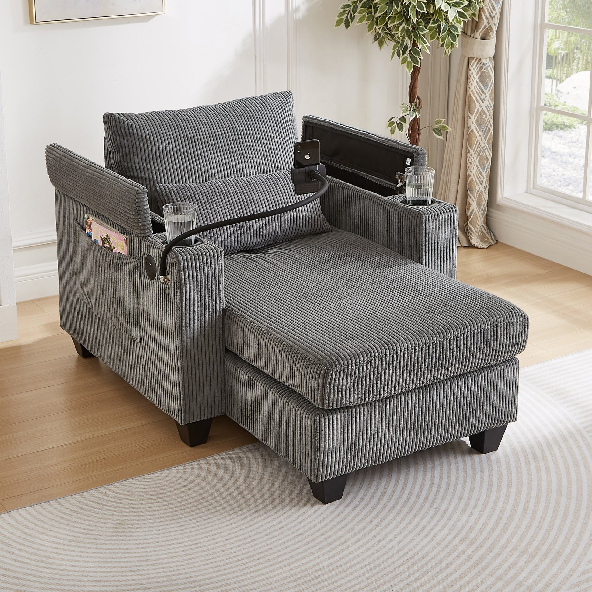 LOVMOR Convertible Chaise Lounge 37in Sofa Chair Sofa Bed Corduroy Sleeper Sofa with USB Ports Two Cup Holders Phone Holder and Ample Storage Space for Living Room and Bedroom Grey