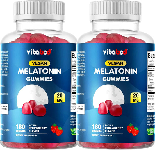 Vitabod Melatonin 20mg Gummies - 180 Count - Drug Free - Natural Strawberry Flavor - Vegetarian, Non-GMO, Gluten Free (2 Bottles)