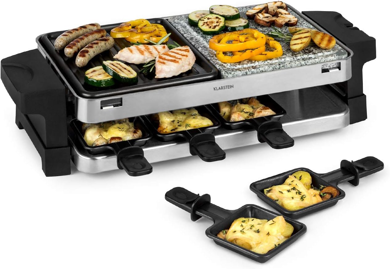 Klarstein Sirloin Raclette Grill - 2-in-1: Aluminium Grill Plate & Natural Stone Plate, Stainless Steel Heating Element, Adjustable Thermostat, For 8 People, Steel Raclette Pans, Power: 1500 Watts,