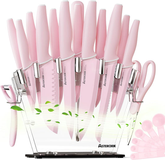 Astercook Kitchen Knife Set with Block and Sharpener 22 Piece German High Carbon Stainless Steel Knives Sharp Blade Dishwasher Safe Knife Set with Anti-slip Ergonomic Handle, Crystal Pink