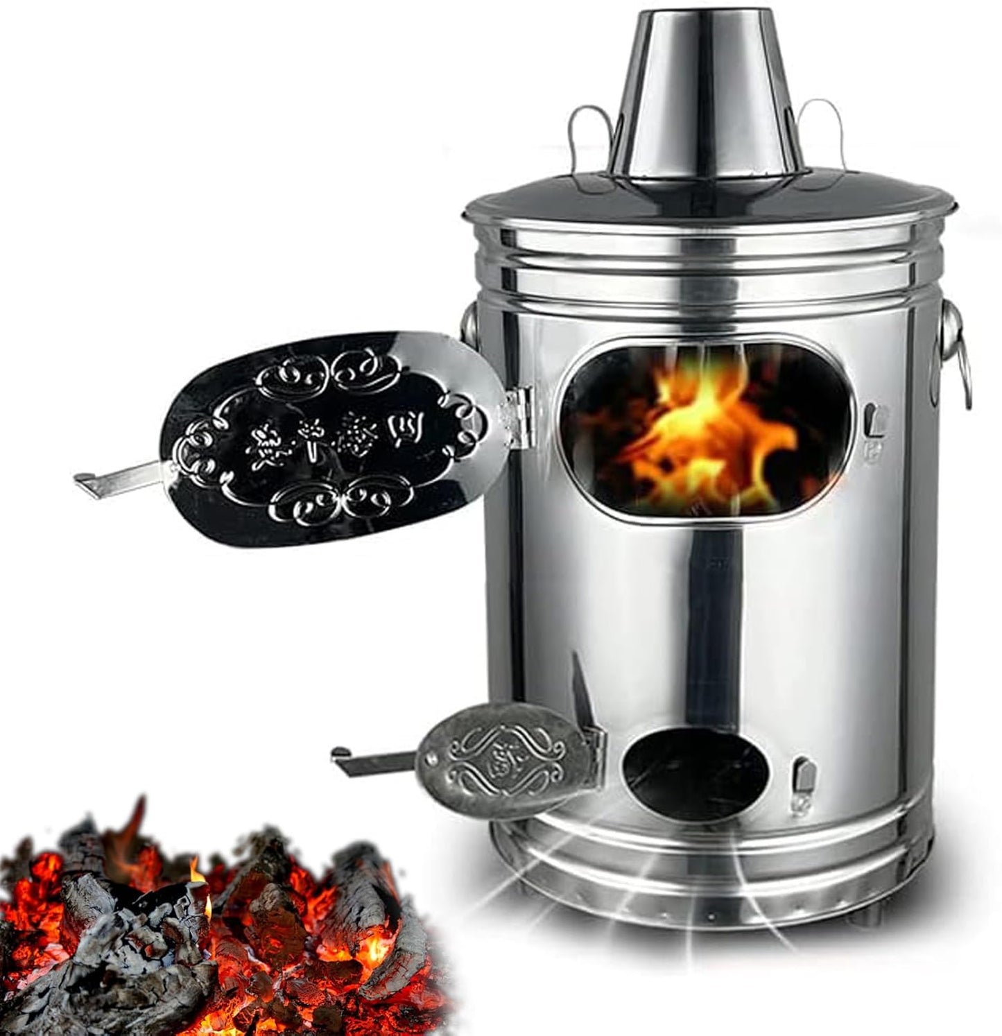 Burn Barrel Incinerator for Outdoor Burning of Yard Waste, Leaves, Debris & Paper with Fire Hook and Support - Stainless Steel Construction (14.5 x 14.5 x 25.9 in)