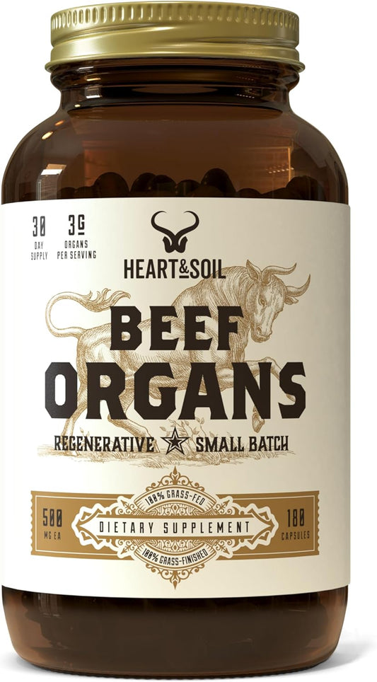 HEART & SOIL \u2013 3000mg Grass-Fed Beef Organ Supplement for Women & Men with Liver, Heart, Kidney, Pancreas & Spleen for Full-Body Nutrition & Energy \u2013 Non-GMO, Allergen-Free \u2013 180 Capsules