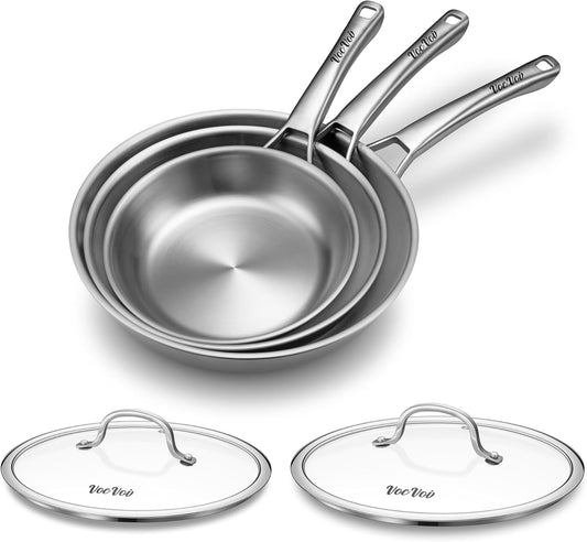 VocVoi Tri-Ply Stainless Steel Frying Pans Set with Lid,PFOA&PTFE Free Skillets,Chef's Pan Set(8+10+12inch) Frying Pans for cooking,Induction Cookware Sets,Dishwasher and Oven Safe Kitchen set