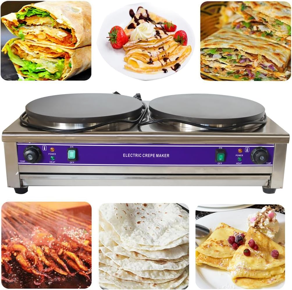 INTBUYING 15.7-inch Electric Crepe Maker Commercial Pancake Machine with Dual Nonstick Hotplates Adjustable Temperature Crepe Pan Stainless Steel Griddle Machine for Pancakes Roti Tortilla 220V 6KW