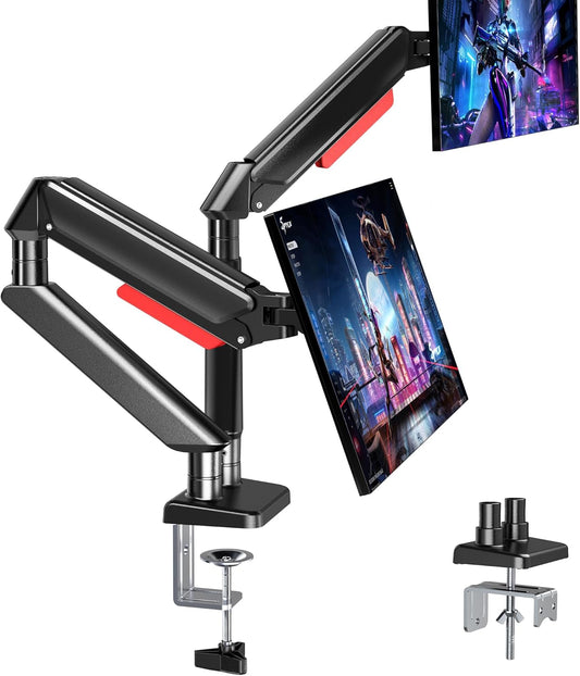 Dual Monitor Stand - Full Motion Adjustable Dual Monitor Mount with Gas Spring for 13-32 inch Computer Screens, Monitor Desk Mount Monitor Arm with C Clamp, Grommet Mounting Base Loading 4.4-19.8 lbs