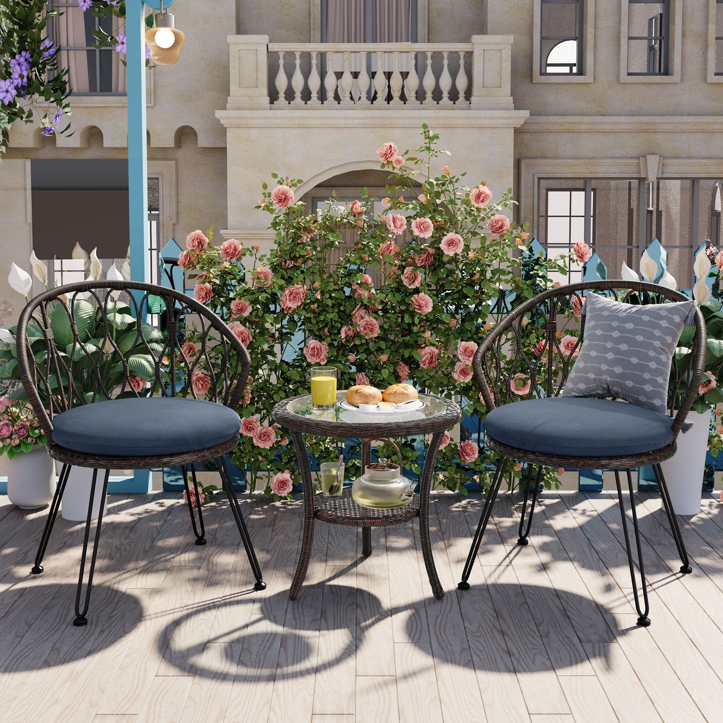 ModernLuxe Outdoor Leisure Set, 2 Rattan Single Chairs with A Glass Round Table, Perfectly Suited for Patios, Balconies, and Courtyards 3 -Piece Patio Conversation Set with Blue Cushions