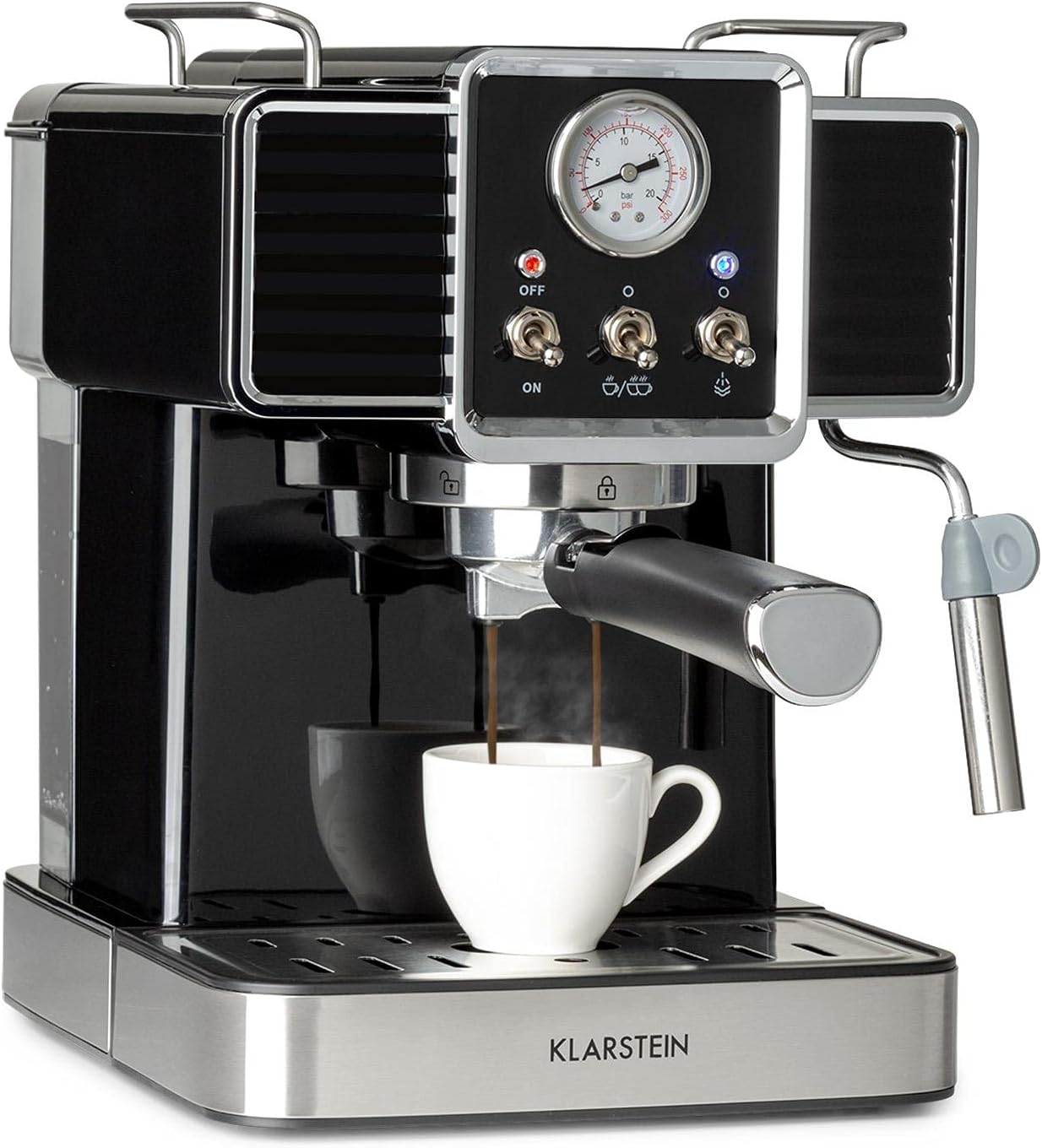 KLARSTEIN Gusto Classico Espresso Machine, Power 1350 W, Pump Pressure 20 Bar, Water Tank 1.5 L, Milk Frothing Nozzle, Barometer, Aluminium Filter for Coffee Pods, Black