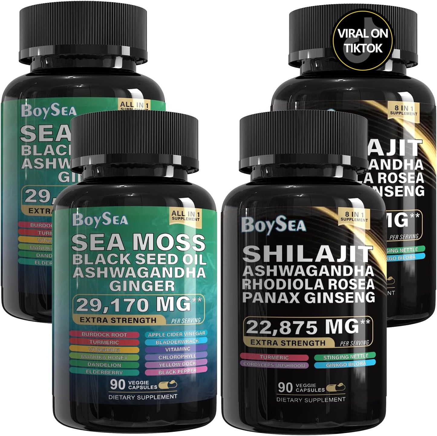 Boysea.Shilajit and Sea Moss Bundle - 90 Count - Sea Moss 7000mg, Black Seed Oil 4000mg, Ashwagandha 2000mg, Ginger & Shilajit 9000mg, Rhodiola Rosea 1000mg, All in 1 Supplements (2 Pcs)
