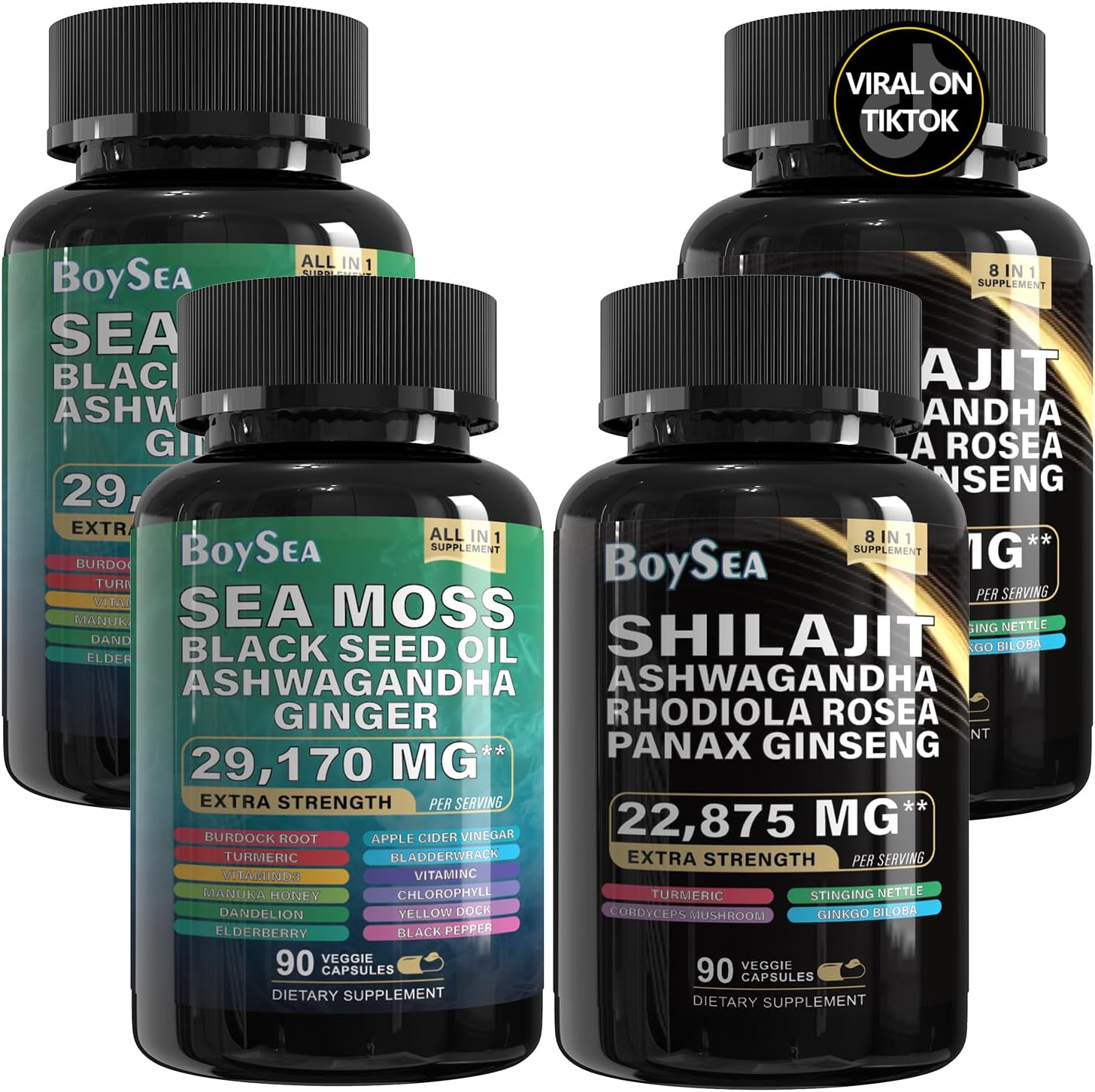 Boysea.Shilajit and Sea Moss Bundle - 90 Count - Sea Moss 7000mg, Black Seed Oil 4000mg, Ashwagandha 2000mg, Ginger & Shilajit 9000mg, Rhodiola Rosea 1000mg, All in 1 Supplements (2 Pcs)