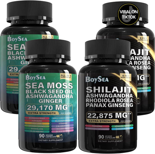 Boysea.Shilajit and Sea Moss Bundle - 90 Count - Sea Moss 7000mg, Black Seed Oil 4000mg, Ashwagandha 2000mg, Ginger & Shilajit 9000mg, Rhodiola Rosea 1000mg, All in 1 Supplements (2 Pcs)