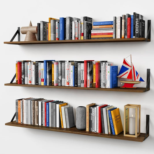 Forbena Large Floating Shelves for Wall 48 Inches Long Set of 3, Rustic Wood Wall Bookshelf for Bedroom Books, Wooden Hanging Bookshelves for Living Room Laundry Closet Kitchen Storage (Dark Brown)