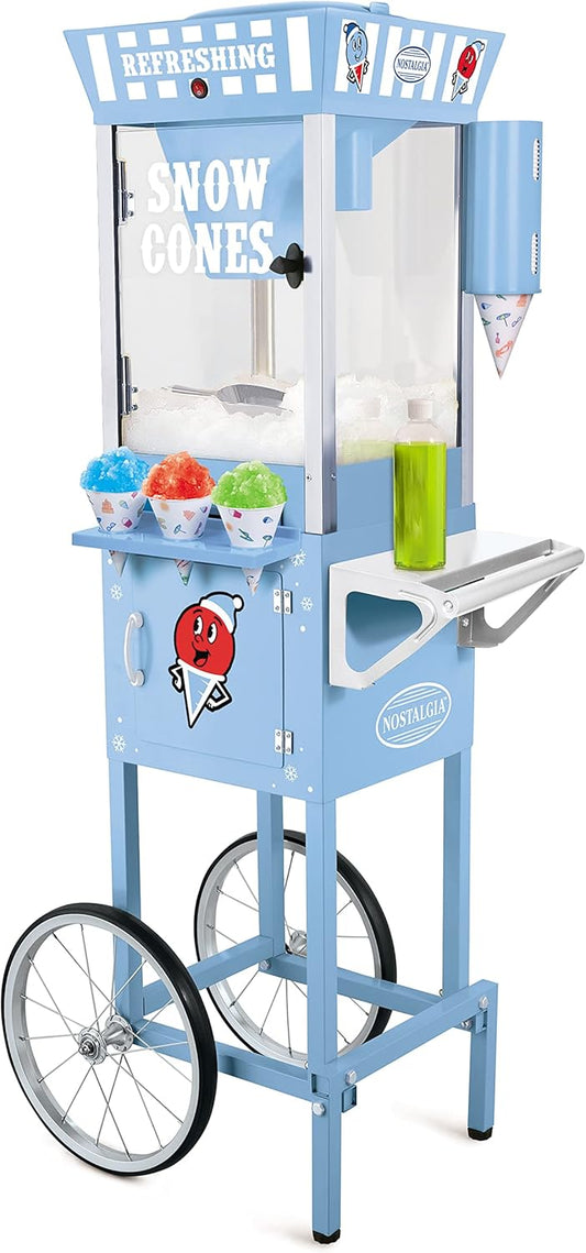Nostalgia Snow Cone Shaved Ice Machine - Retro Cart Slushie Machine Makes 72 Icy Treats - Includes Metal Scoop, 2 Syrup Bottles, 100 Paper Cups\/Spoons, Storage Compartment, Wheels - Blue, 54" Tall