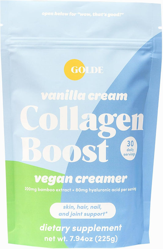 GOLDE - Collagen Boost Vegan Creamer - Vanilla Cream - Plant Based Collagen Supplement w\/Hyaluronic Acid, Biotin, & Bamboo Extract - Supports Hair, Skin, & Nail Health - 30 Servings