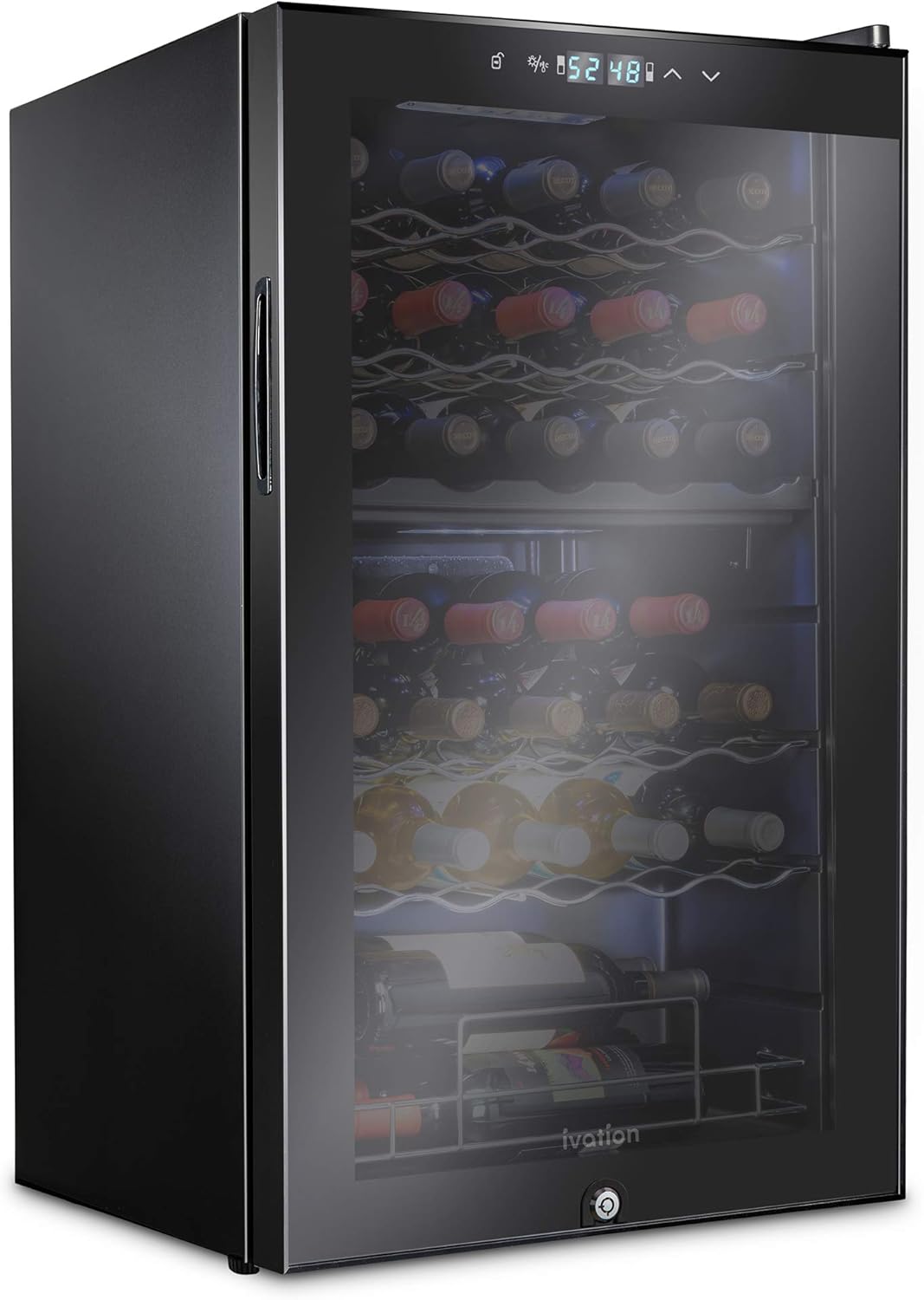 Ivation 33 Bottle Dual Zone Wine Cooler Refrigerator w\/Lock | Large Freestanding Wine Cellar For Red, White, Champagne & Sparkling Wine | 41f-64f Digital Temperature Control Fridge Glass Door Black