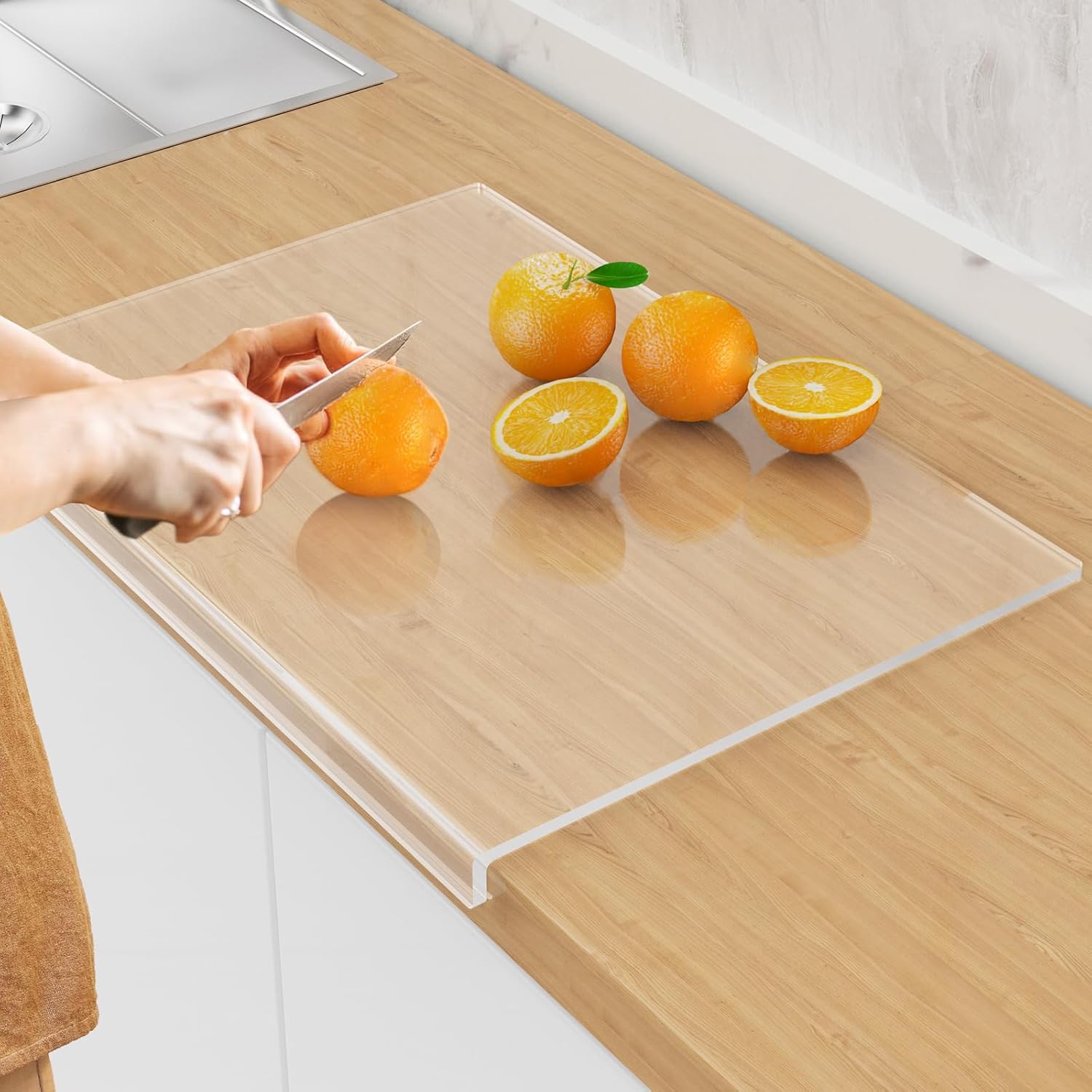 SWSKR Acrylic Cutting Board with Counter Lip,23''x17"Large Clear Cutting Board for Kitchen Countertop,Non-Slip,60% Thicker,Perfect for Bread,Meat,Veggies & More,Great Kitchen Essential Gadgets & Decor