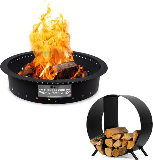 Iron Forge Tools 36" Permanent Smokeless Fire Pit Ring & 24" Heavy-Duty Circular Firewood Rack w/Cover - Outdoor Wood Storage Solution (Utility Patent Pending)