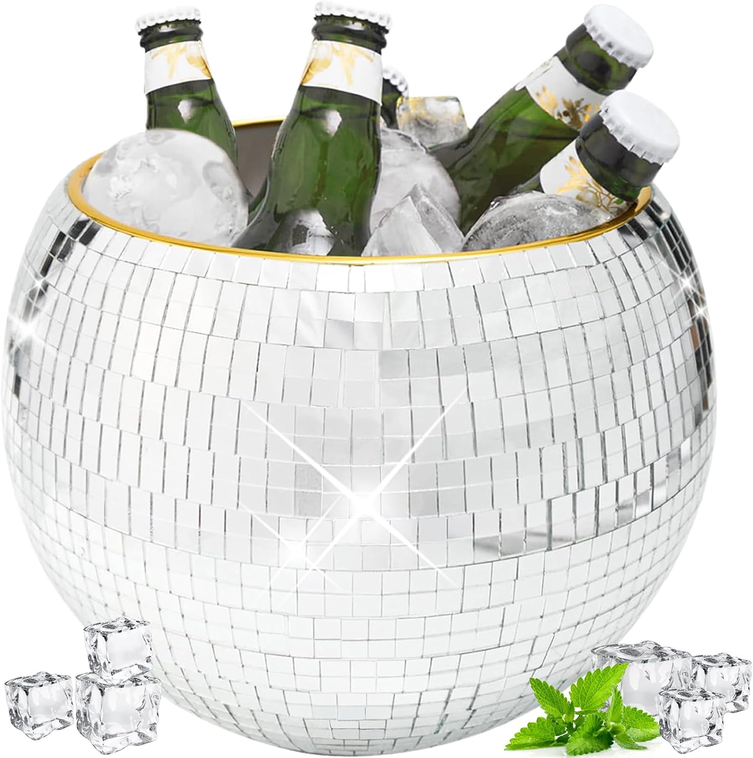 Bertork 9.8 Inch Disco Ball Ice Bucket - Mirror Silver Decor for Cocktail Bar, Retro Party Accessories, Cooler for Wine, Beer, Champagne