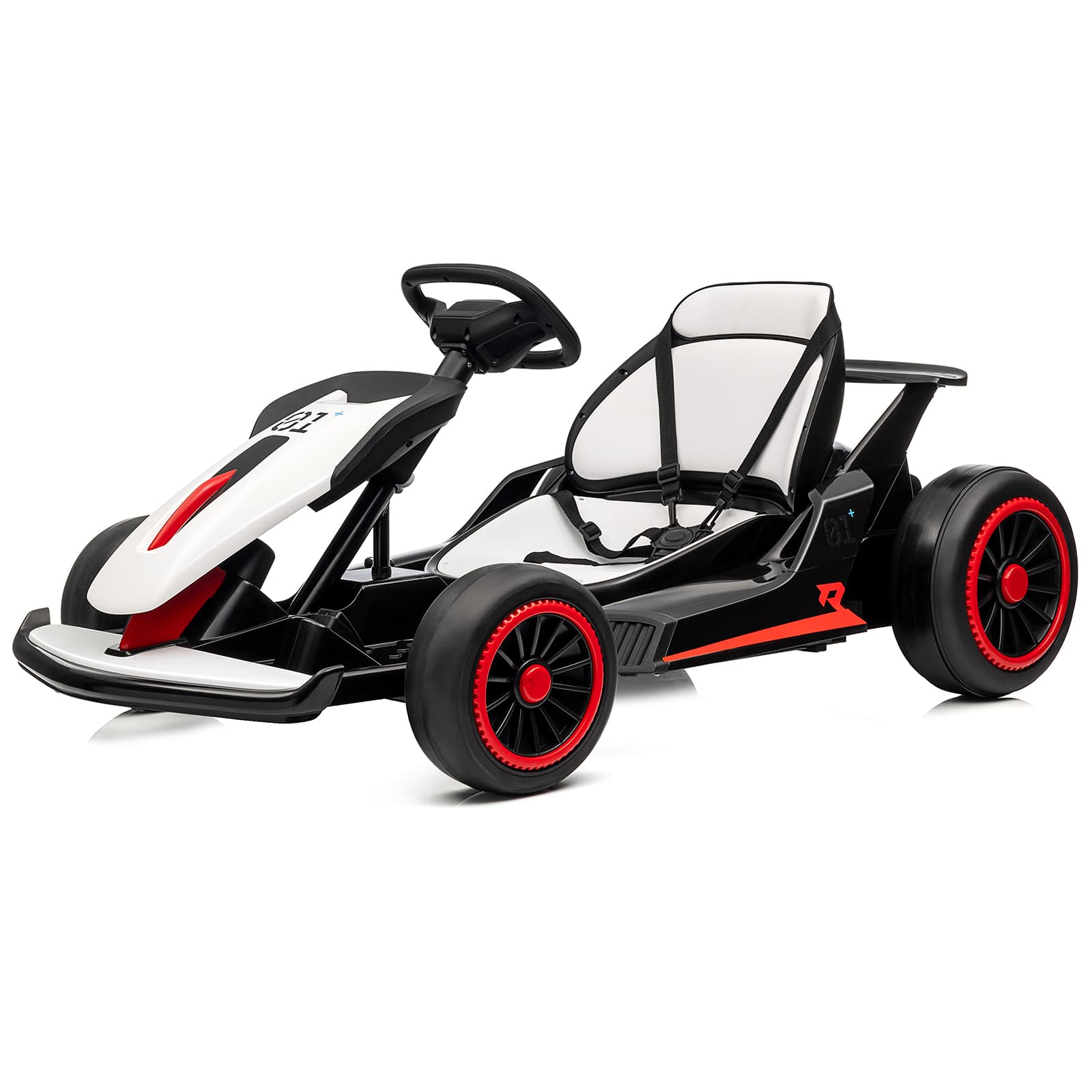 Qeetex 24V Electric Drift Go Kart For Kids Ages 6-12 With Dual 200W Motors 8.1 MPH Adjustable Seat Led Lights Music Usb FM Radio Steel Frame White