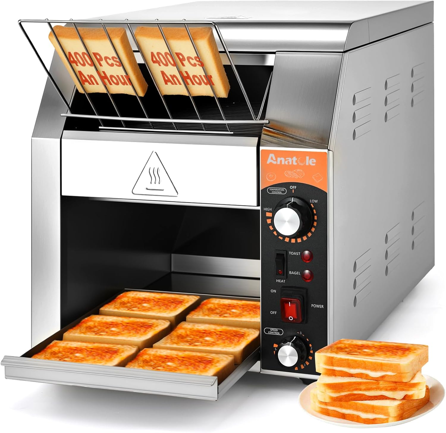 Anatole Commercial Conveyor Toaster 400 Slices/Hour Stainless Steel Electric Toaster Oven Heavy Duty 1700W for Bun Bagel Bread Waffle Coissant Buffet Restaurant Cafe Hotel