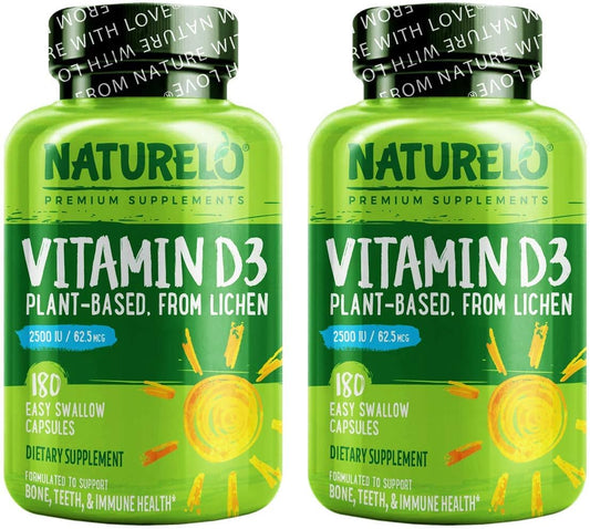 NATURELO Vitamin D - 2500 IU - Plant Based from Lichen - Natural D3 Supplement for Immune System, Bone Support, Joint Health - Vegan - Non-GMO - Gluten Free - 180 Capsules (Pack of 2)