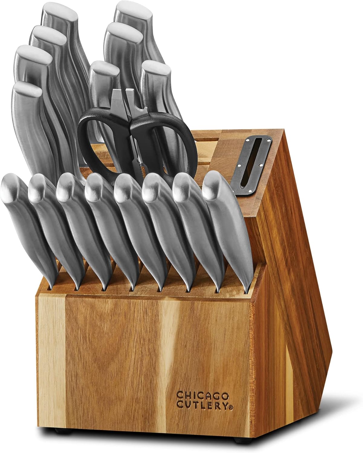 Chicago Cutlery Insignia Steel (18-PC) Kitchen Knife Block Set & Built-In Sharpener, Contoured Ergonomic Handles and Sharp Stainless Steel Professional Chef Knife Set & Scissors With Bottle Opener