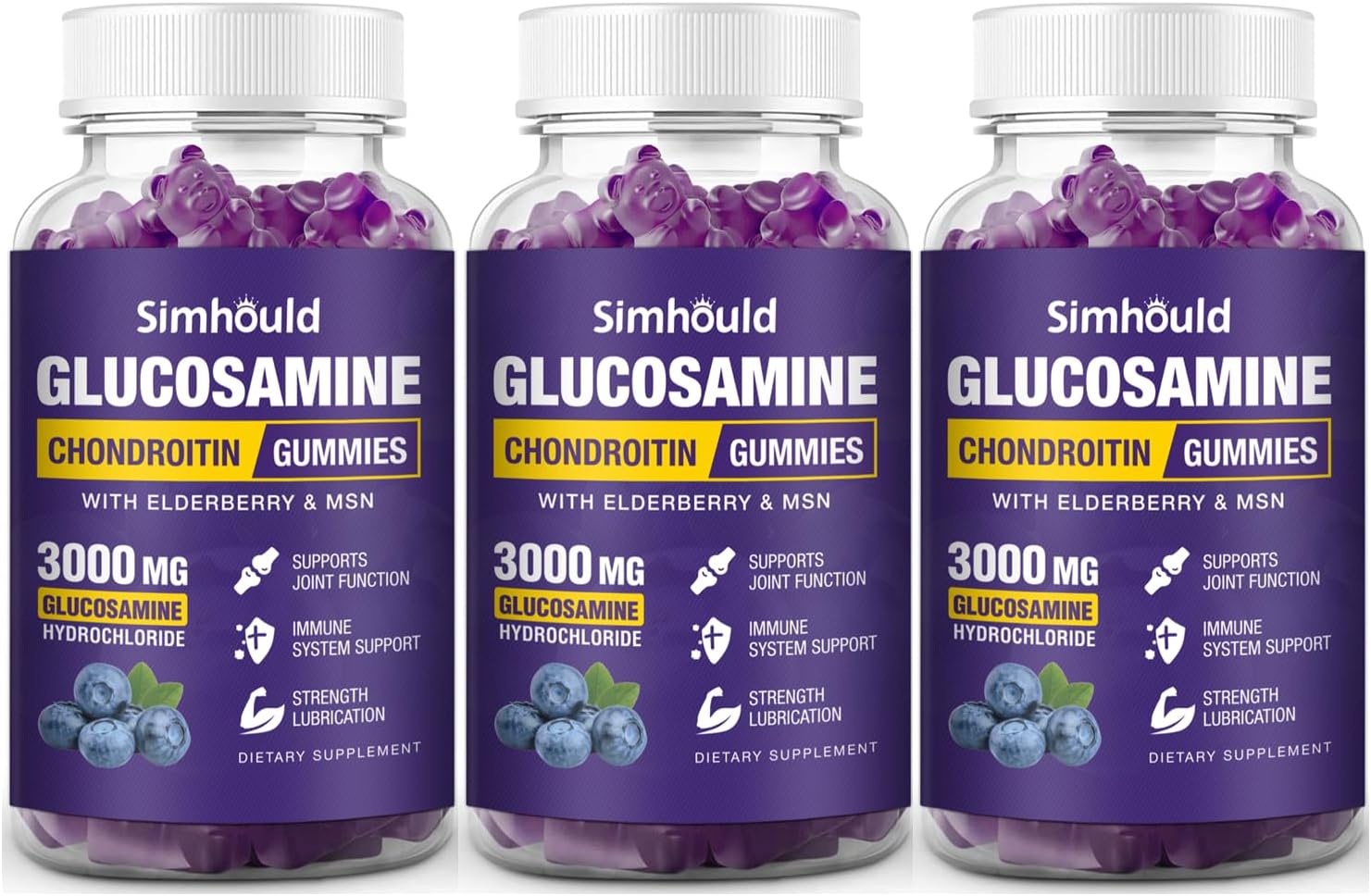 Simhould 3 Packs Glucosamine Chondroitin Gummies - 3000MG Extra Strength Joint Support Supplement with MSM & Elderberry, Flexibility, Antioxidant Immune Support Gummy for Adults, Men & Women