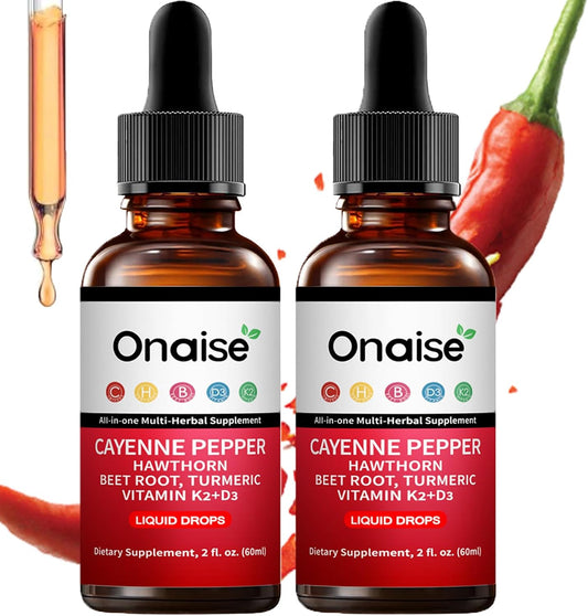 Cayenne Pepper Drops,2 Pack Cayenne Supplement with Hawthorn Berry, Vitamin D3 K2 Beet Root Powder, Ceylon Cinnamon, Turmeric Curcumin, Organic Panax Ginseng, Berberine Extract