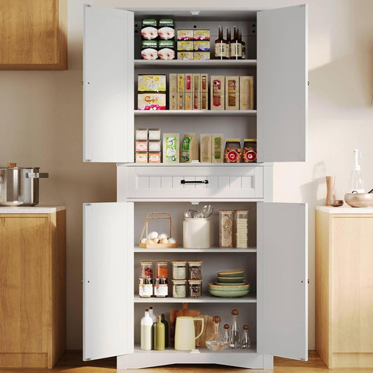 Gizoon 71'' Kitchen Pantry Storage Cabinet, Freestanding Pantry Organizers and Storage Cabinet with 4 Doors and 4 Adjustable Shelves, Tall Cabinet with Large Drawer for Kitchen, Living Room, Bathroom