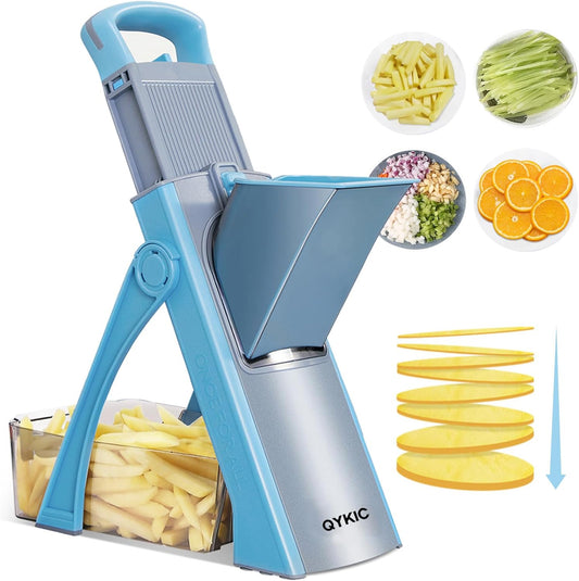 QYKIC Upgrade Safe Mandoline Slicer for Kitchen, Vegetable Chopper Slicer, Potato Slicer Thickness Adjuster, French Fry Cutter, Veggie Onion Dicer Faster Kitchen Mandolin for Meal Prep (Blue)