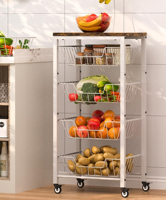 Tigerden Fruit Vegetable Storage Cart for Kitchen, 5-Tier Vegetable Stand Rack with Pull-Out Fruit Baskets, Rolling Snack Cart with Wood Top & Banana Holder for Pantry, Living Room, Bathroom, White