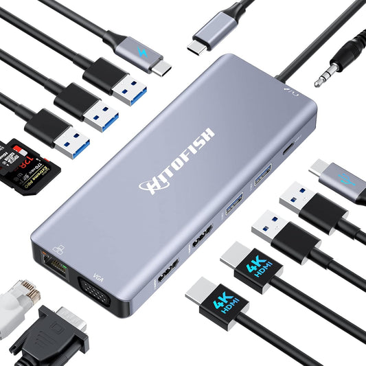USB C Laptop Docking Station, 14 in 1 Type C Hub Multiport Adapter Dongle with 3 Monitors Compatible for MacBook\/Dell\/HP\/Lenovo Laptops (Dual HDMI, VGA, PD, Ethernet, SD\/TF, USB C\/A Ports, Mic\/Audio)