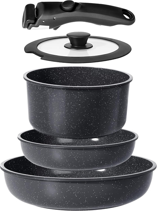 GiPP Ceramic Pots and Pans Set Non Stick, Nonstick Detachable Handle Cookware Sets, Non Toxic Induction Kitchen Pot and Pan with Removable Handle, Healthy RV Cookware, Dishwasher ＆Oven Safe, 5 Piece