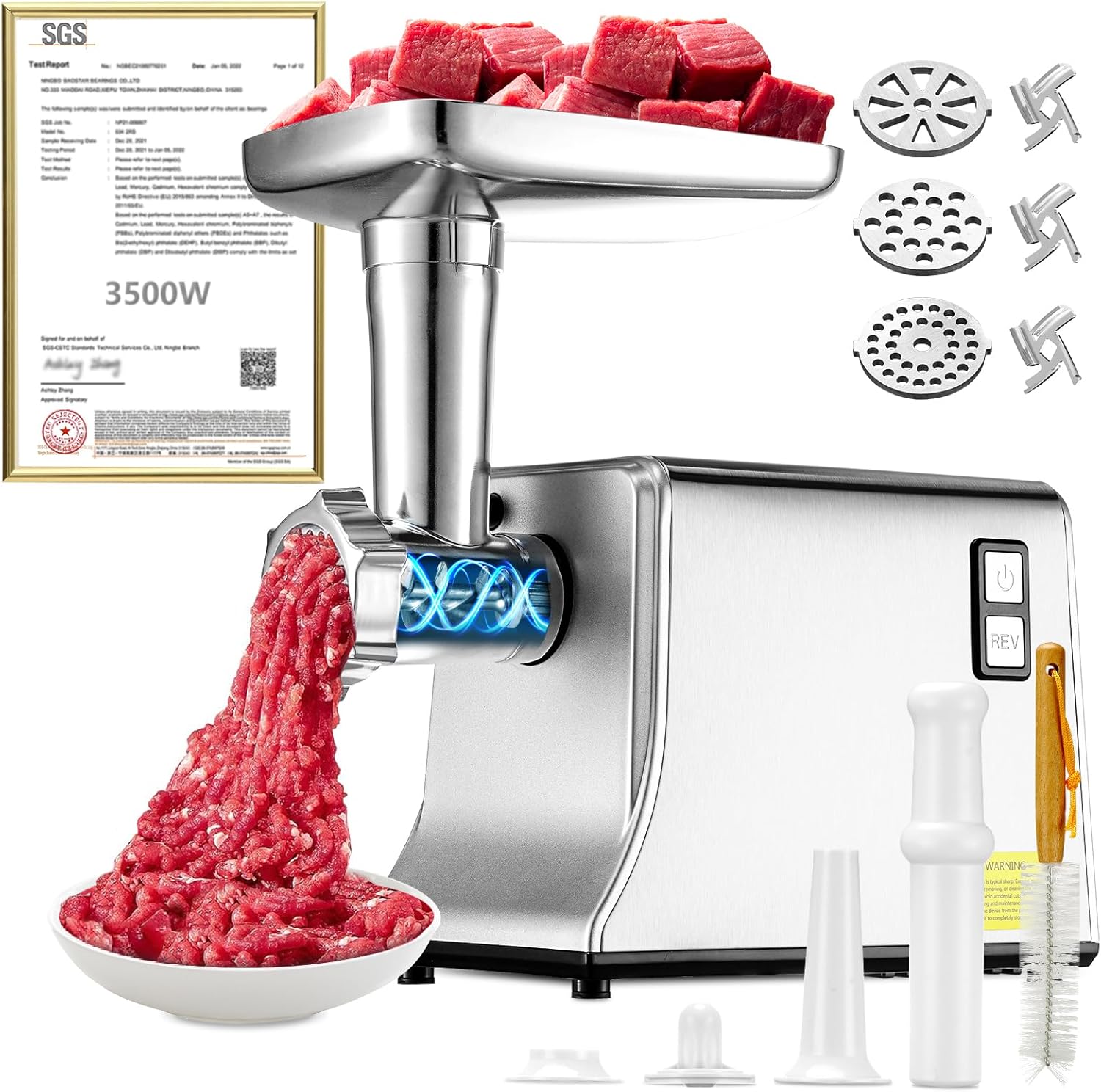 5.0 Upgrade Electric Meat Grinder【NO.1 Germany 3500W Super Motor】【SGS Certified SUS304 Blade & Plate】3-Second Fast Meat Grinding, Perfect For Meat Grinders For Home Use (SILVER)