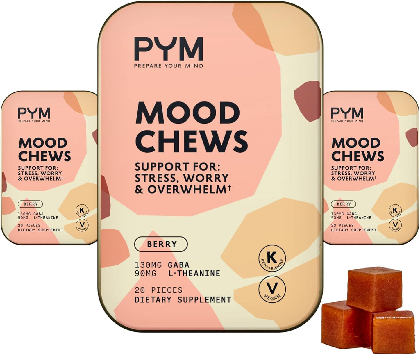 PYM Berry Mood Chews Support for Stress, Worry & Overwhelm, 60 Count | 130mg GABA, 90mg L-Theanine | Vegan, Non-GMO, Gluten-Free, No Added Sugar | All-Natural Mood Balance Supplement Made in USA